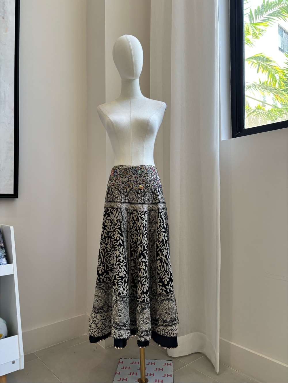 Black and Cream Floral Border Maxi Skirt